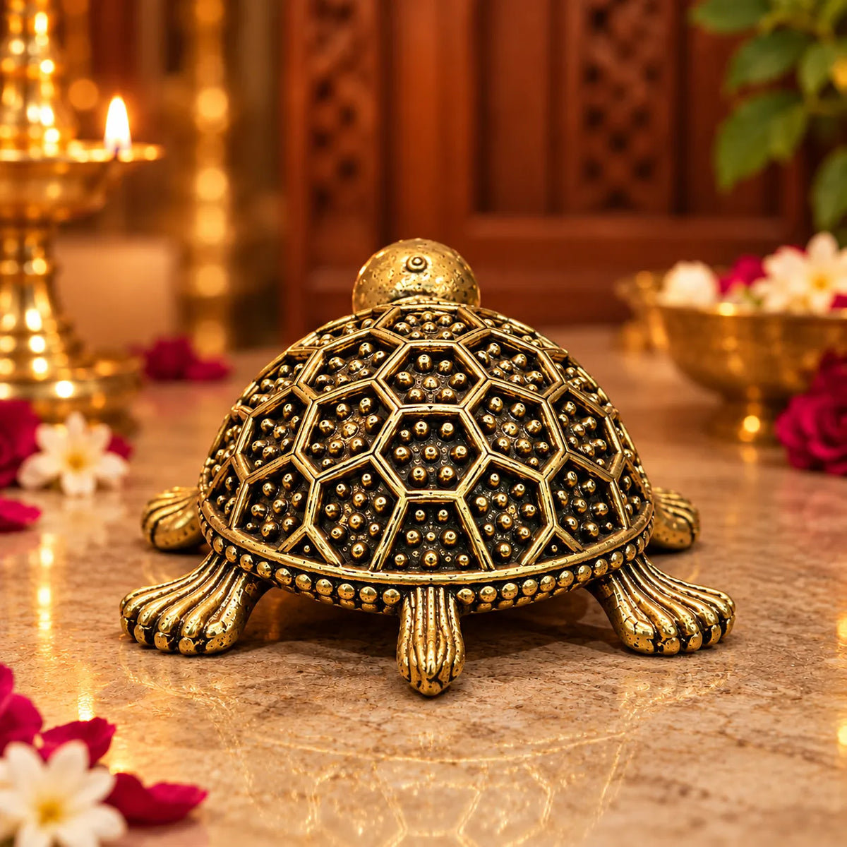 Antique Golden Decorative Tortoise Figurine with Geometric Shell Design