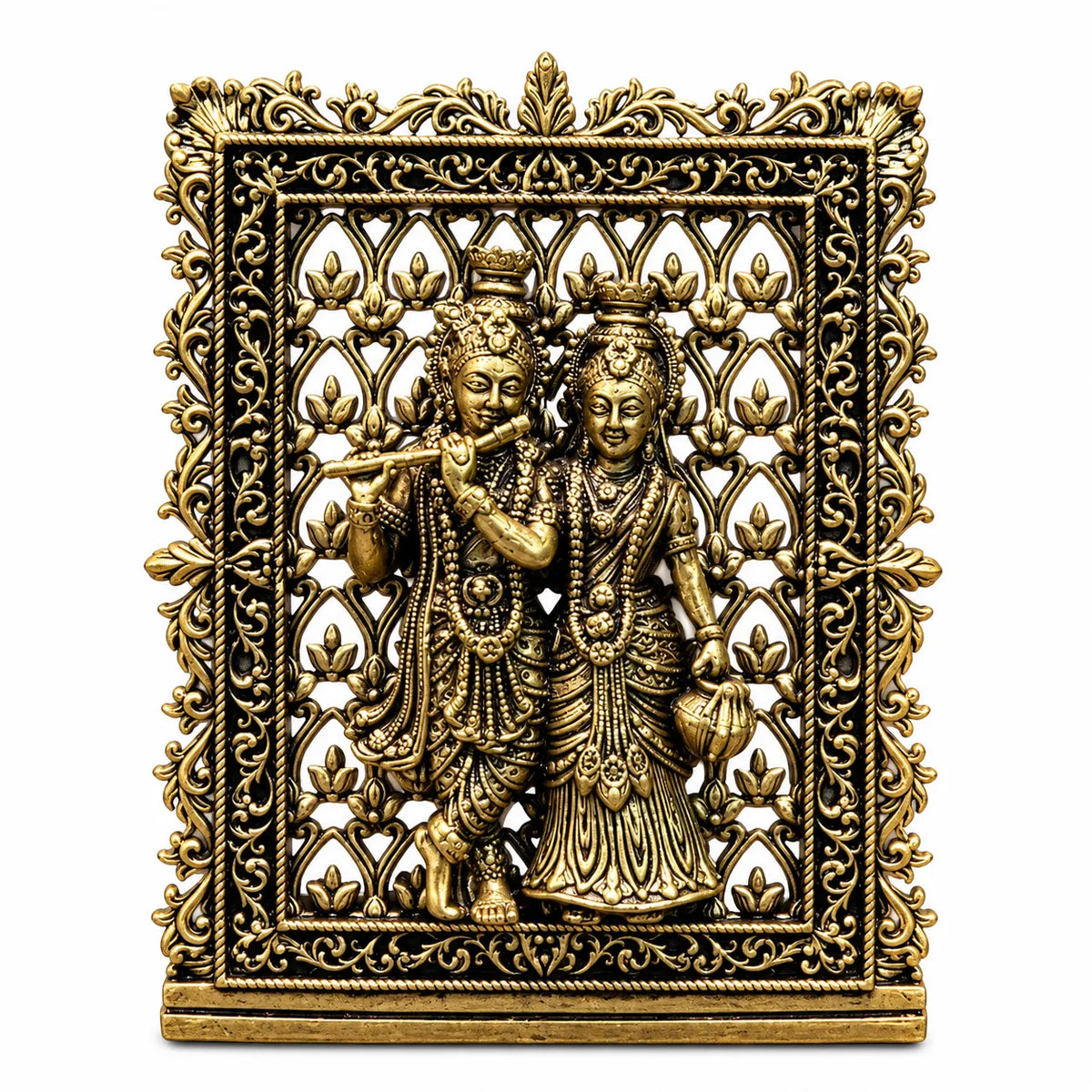 Antique Golden Radha Krishna Idol in Decorative Floral Frame with Stand