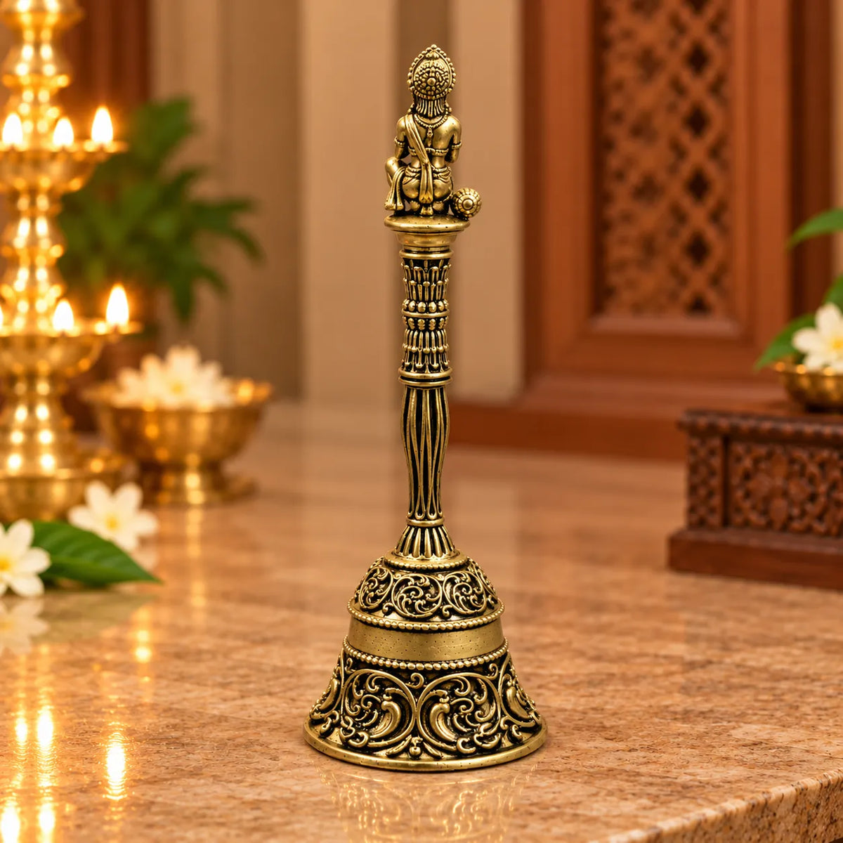 Antique Golden Brass Hanuman Temple Bell with Ornate Carved Handle