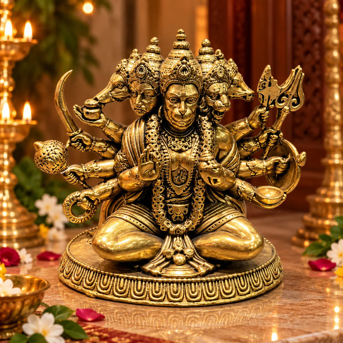 Antique Golden Multi-Armed Three-Faced Deity Idol with Ornate Round Pedestal