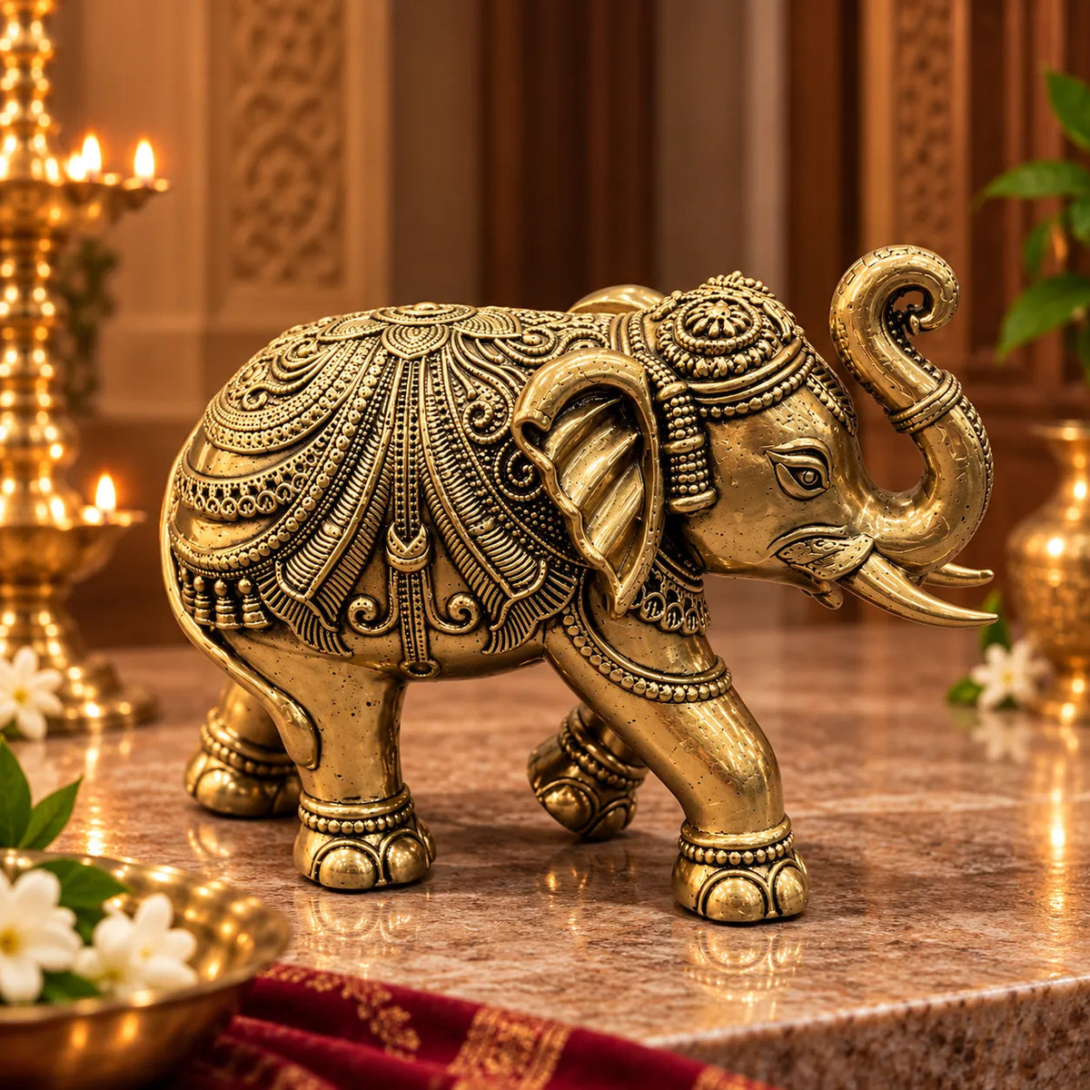 Antique Gold Decorative Elephant Statue with Raised Trunk | Traditional Home Décor
