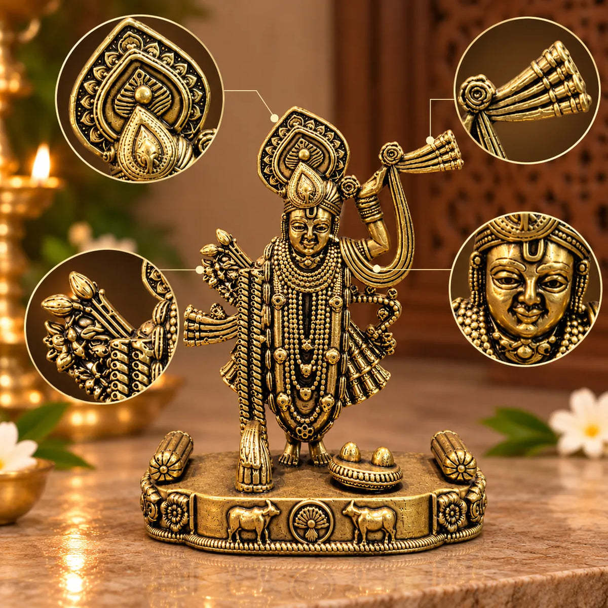 Antique Golden Brass Shrinathji Idol with Ornate Base & Traditional Detailing