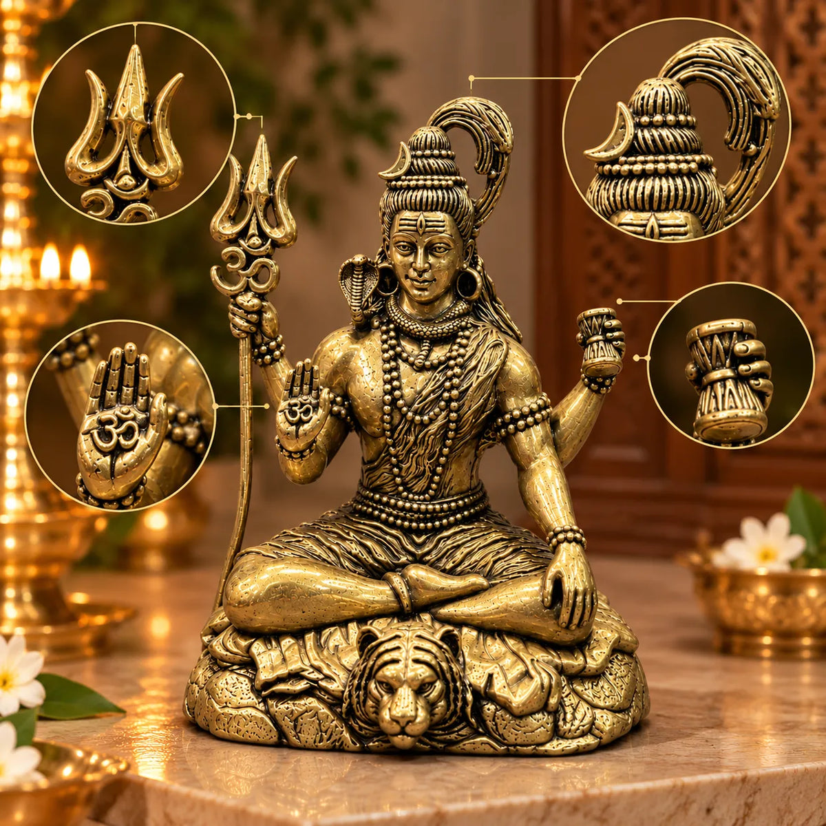 Antique Golden Brass Lord Shiva Idol with Trishul & Damru on Lion-Motif Rock Base