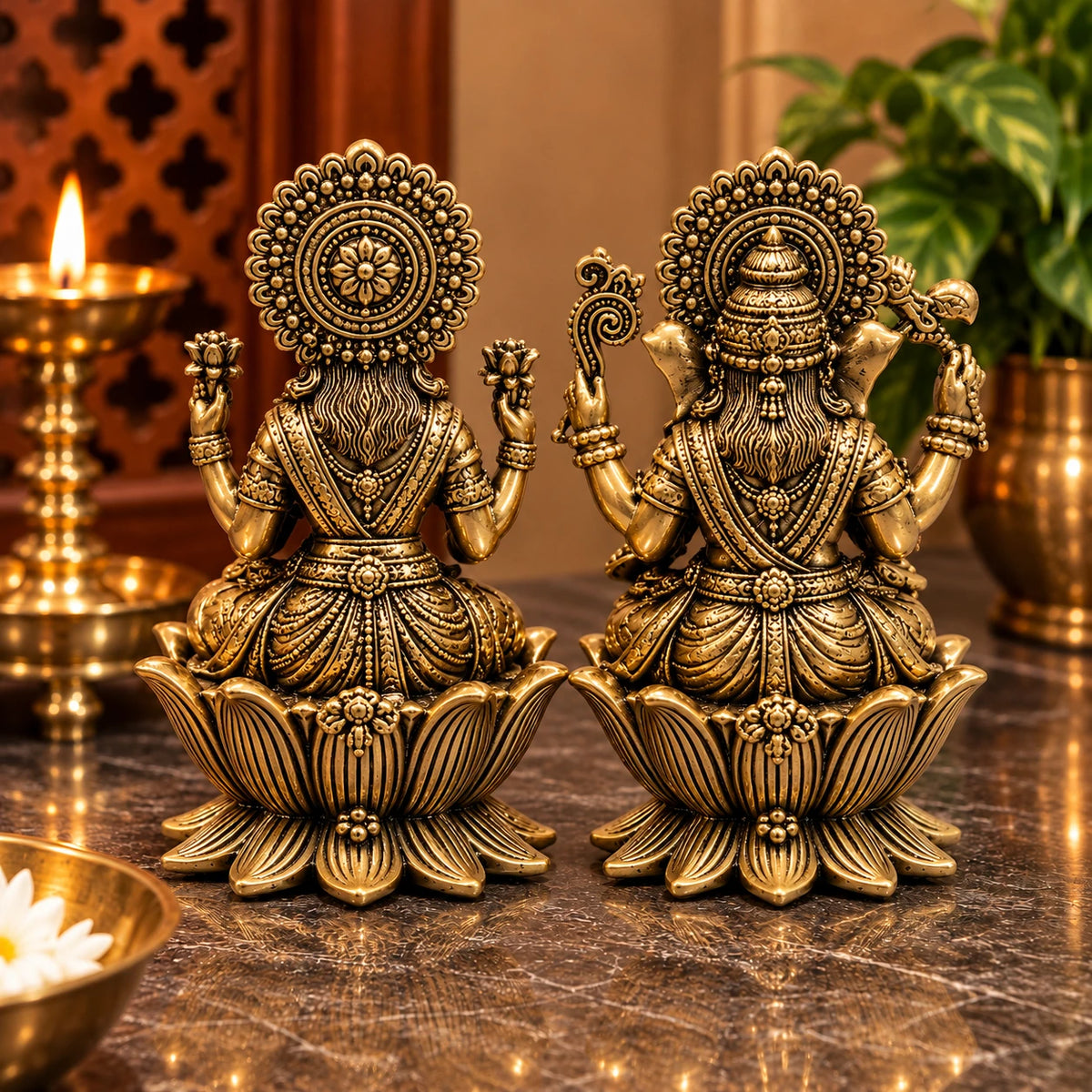 Antique Golden Brass Lakshmi Ganesh Idol Set on Lotus Base