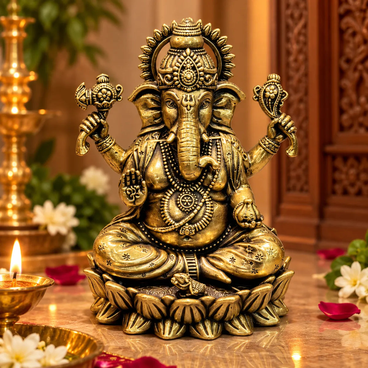 Antique Golden Brass Lord Ganesha Idol with Ornate Halo & Lotus Base