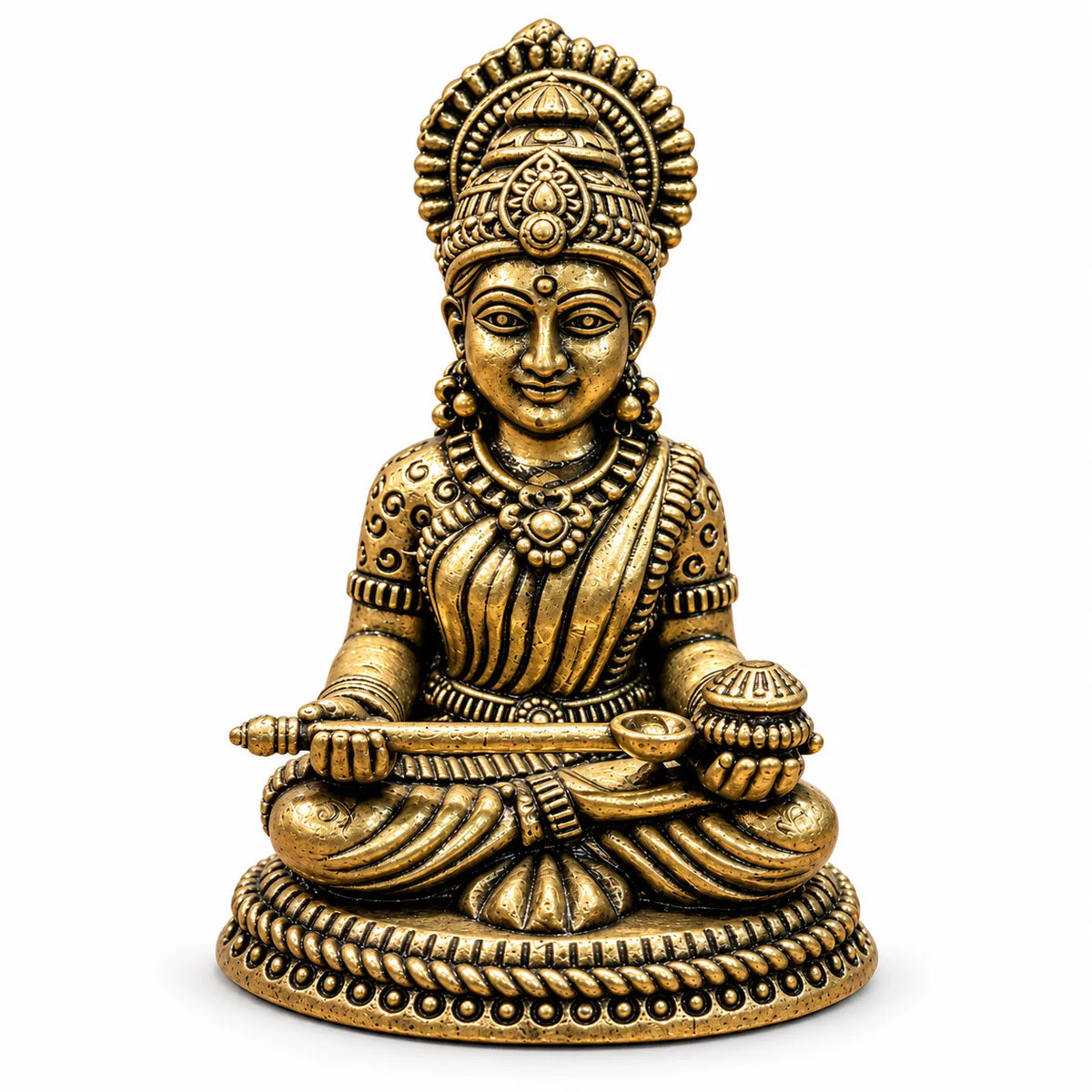 Antique Golden Shirdi Sai Baba Idol Seated on Ornate Round Pedestal