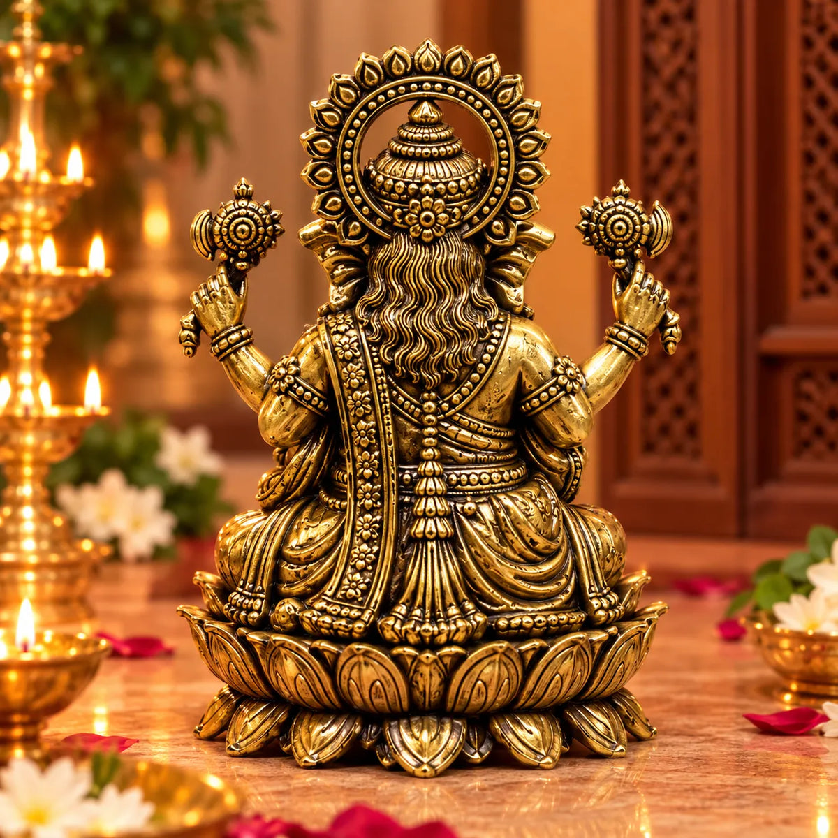 Antique Golden Brass Lord Ganesha Idol with Ornate Halo & Lotus Base