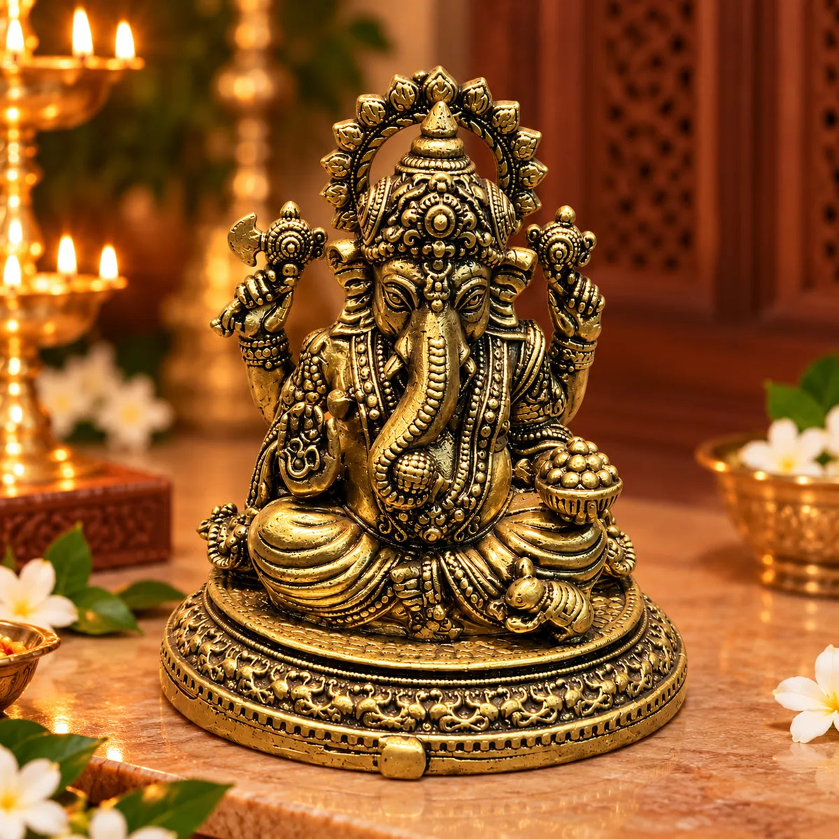 Antique Golden Brass Lord Ganesha Idol with Modak Bowl & Ornate Round Base