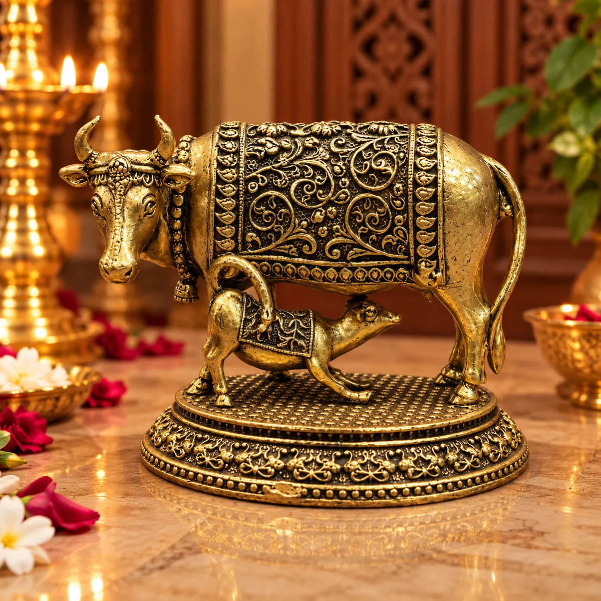 Antique Golden Kamdhenu Cow & Calf Statue with Floral Carvings on Ornate Base