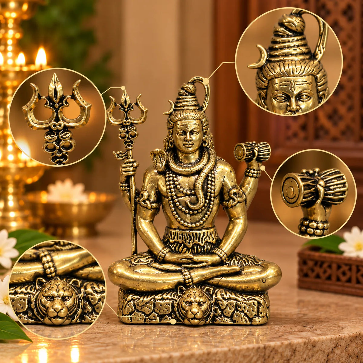 Antique Golden Brass Lord Shiva Idol with Trishul & Damru on Rock Base