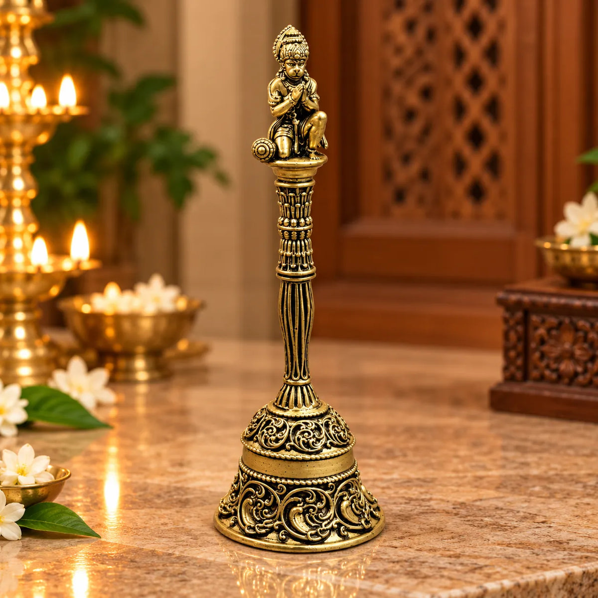 Antique Golden Brass Hanuman Temple Bell with Ornate Carved Handle