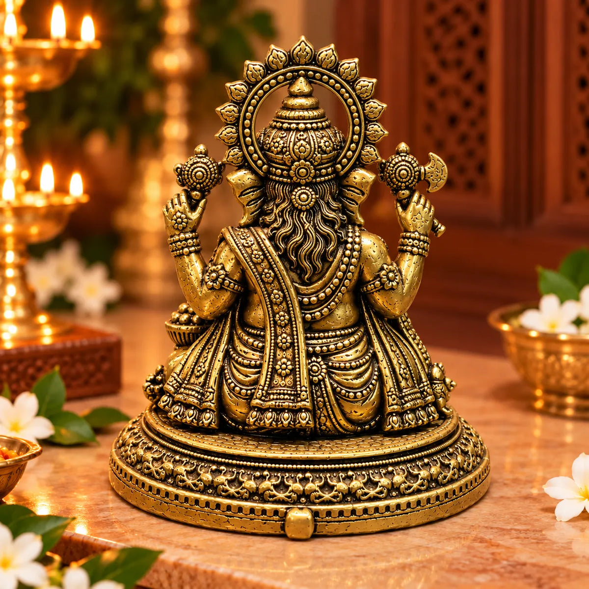 Antique Golden Brass Lord Ganesha Idol with Modak Bowl & Ornate Round Base