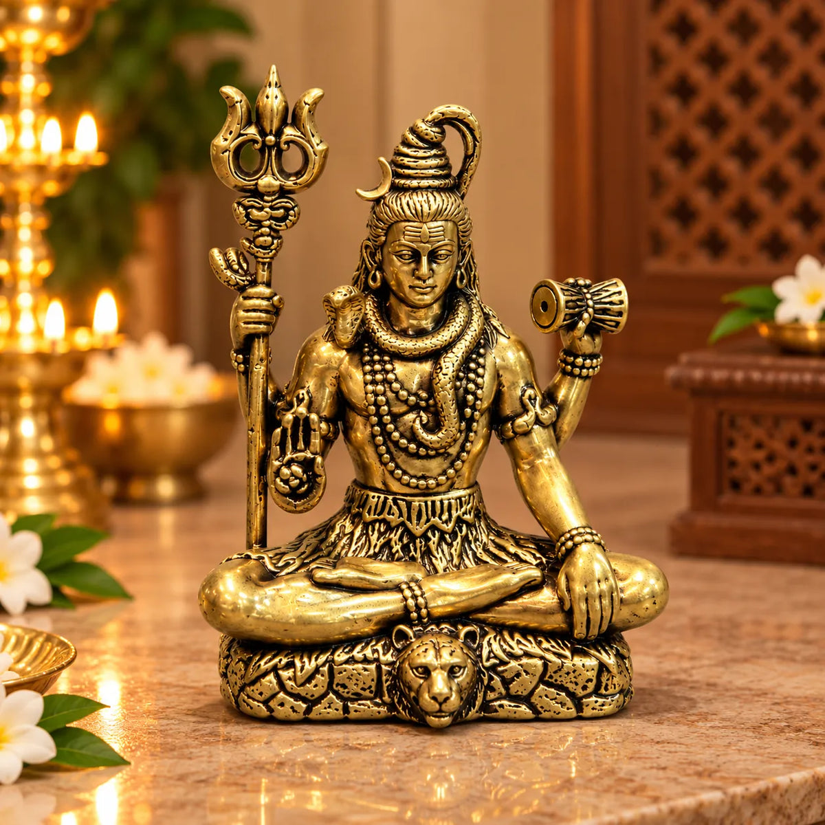 Antique Golden Brass Lord Shiva Idol with Trishul & Damru on Rock Base
