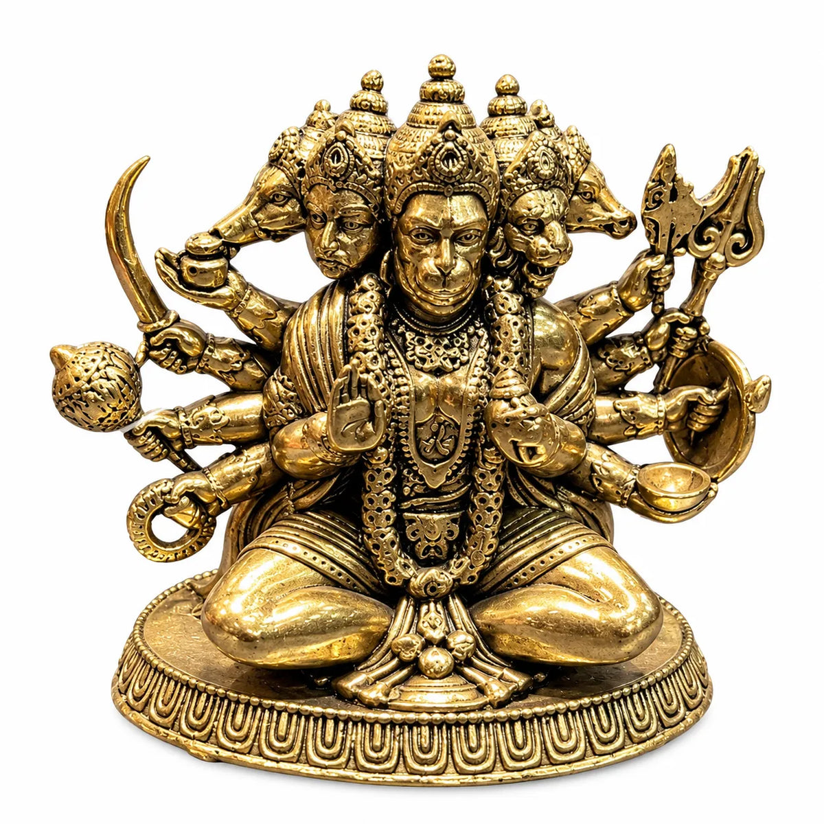 Antique Golden Multi-Armed Three-Faced Deity Idol with Ornate Round Pedestal