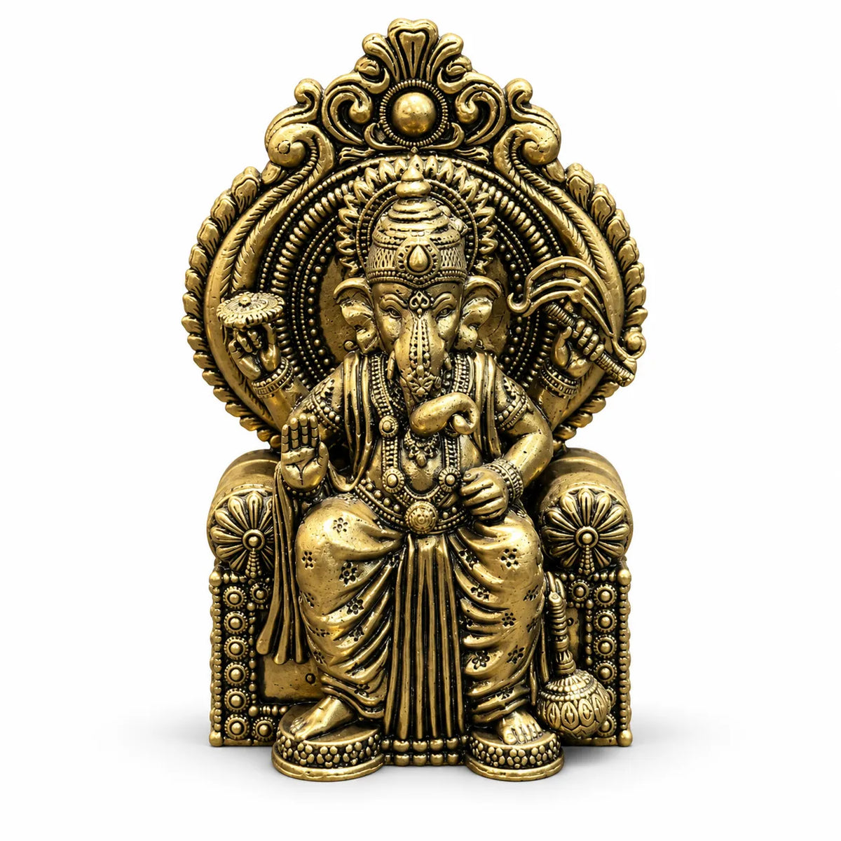 Antique Golden Lord Ganesha Idol Seated on Royal Throne with Ornate Halo