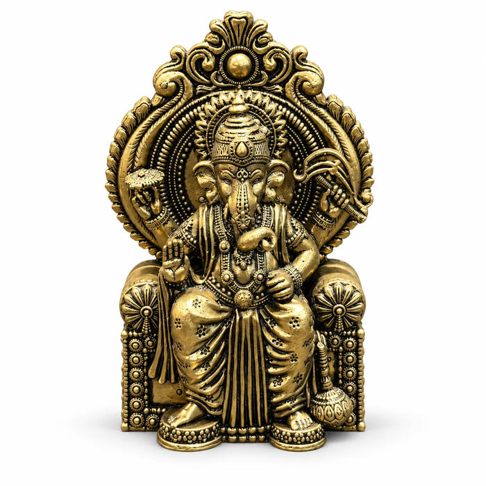 Antique Golden Lord Ganesha Idol Seated on Royal Throne with Ornate Halo