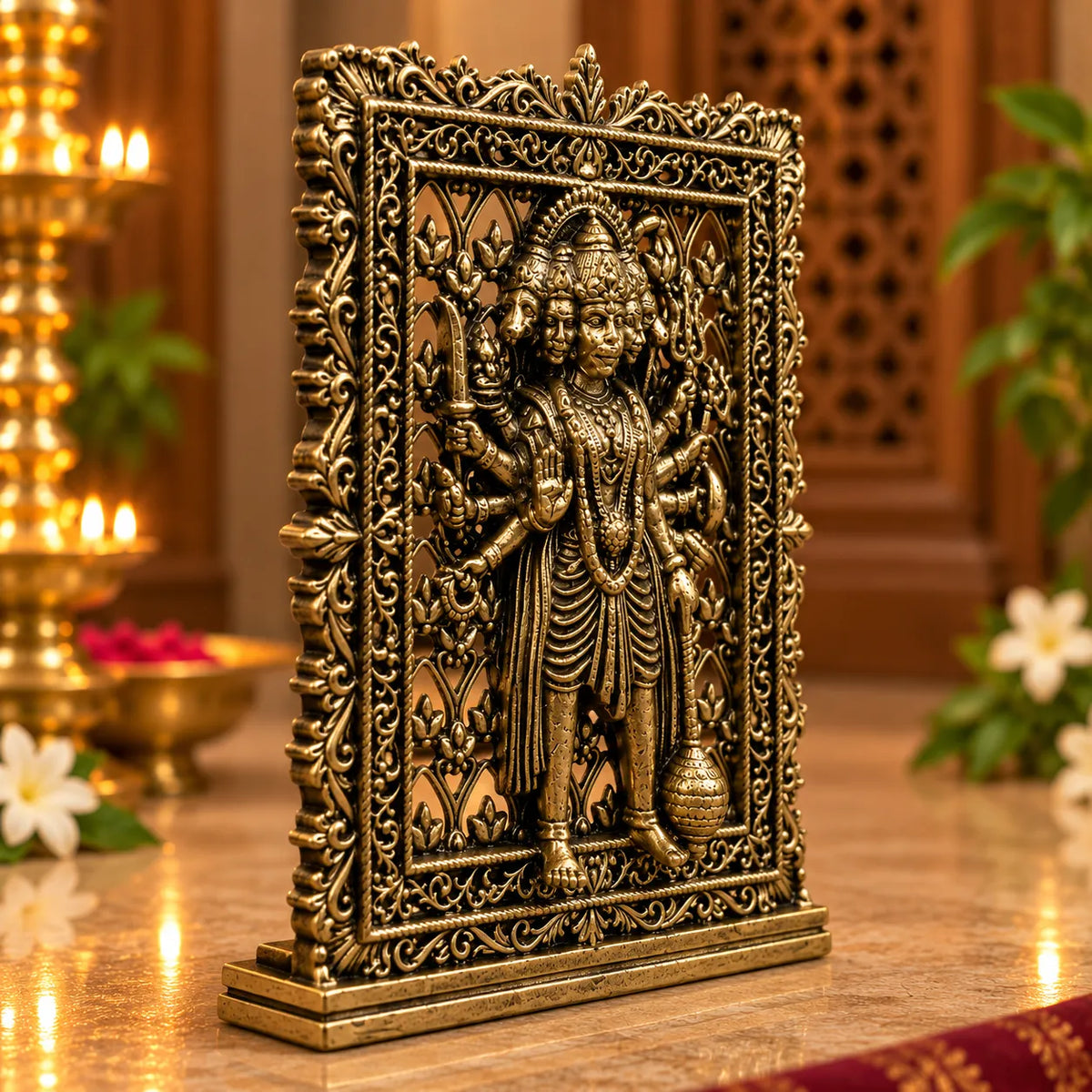 Antique Golden Panchmukhi Hanuman Idol in Ornate Decorative Frame with Stand