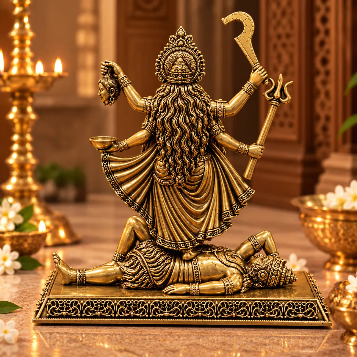 Antique Golden Brass Maa Kali Idol with Demon, Trishul & Decorative Base