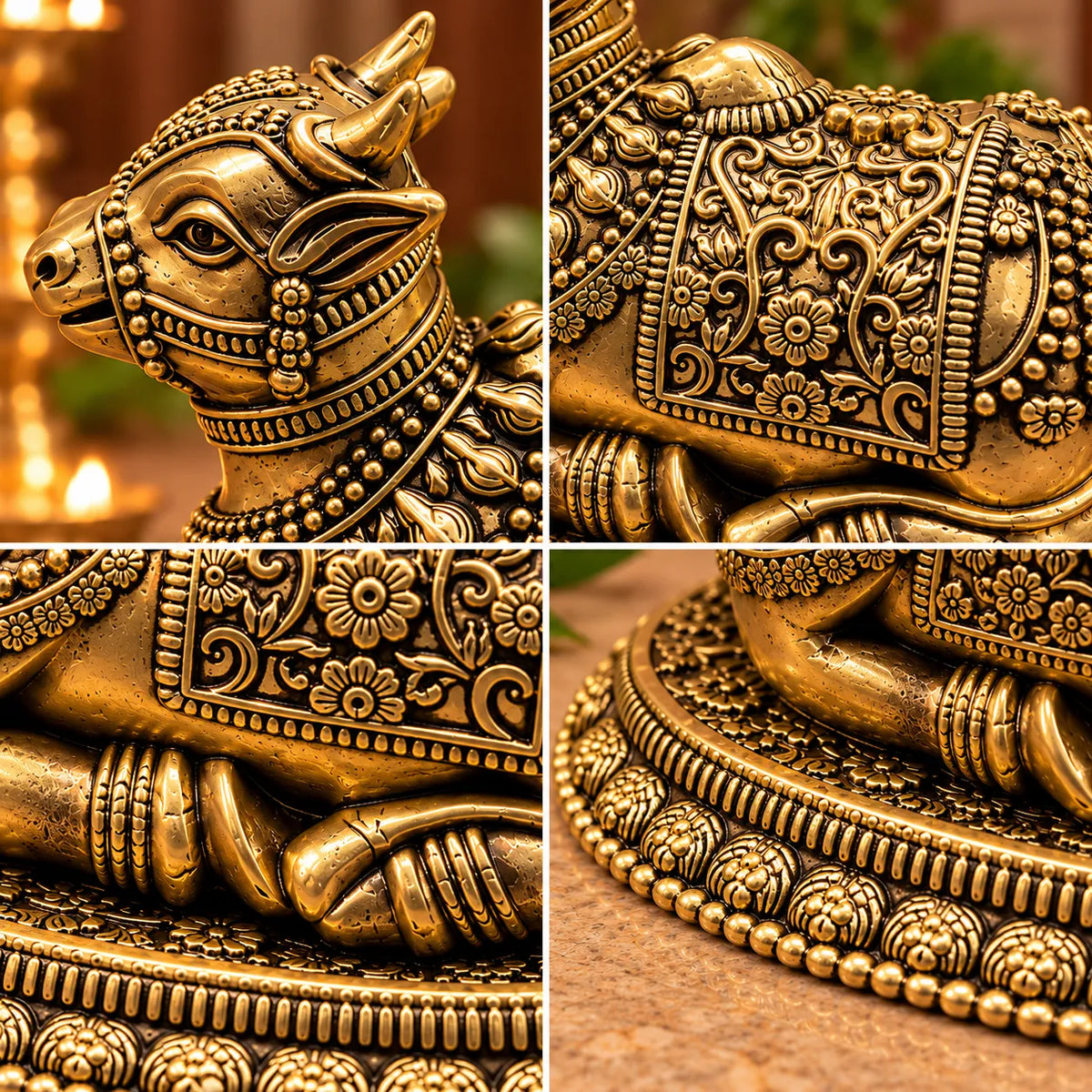 Antique Golden Brass Nandi Bull Idol with Floral Carvings & Decorative Oval Base