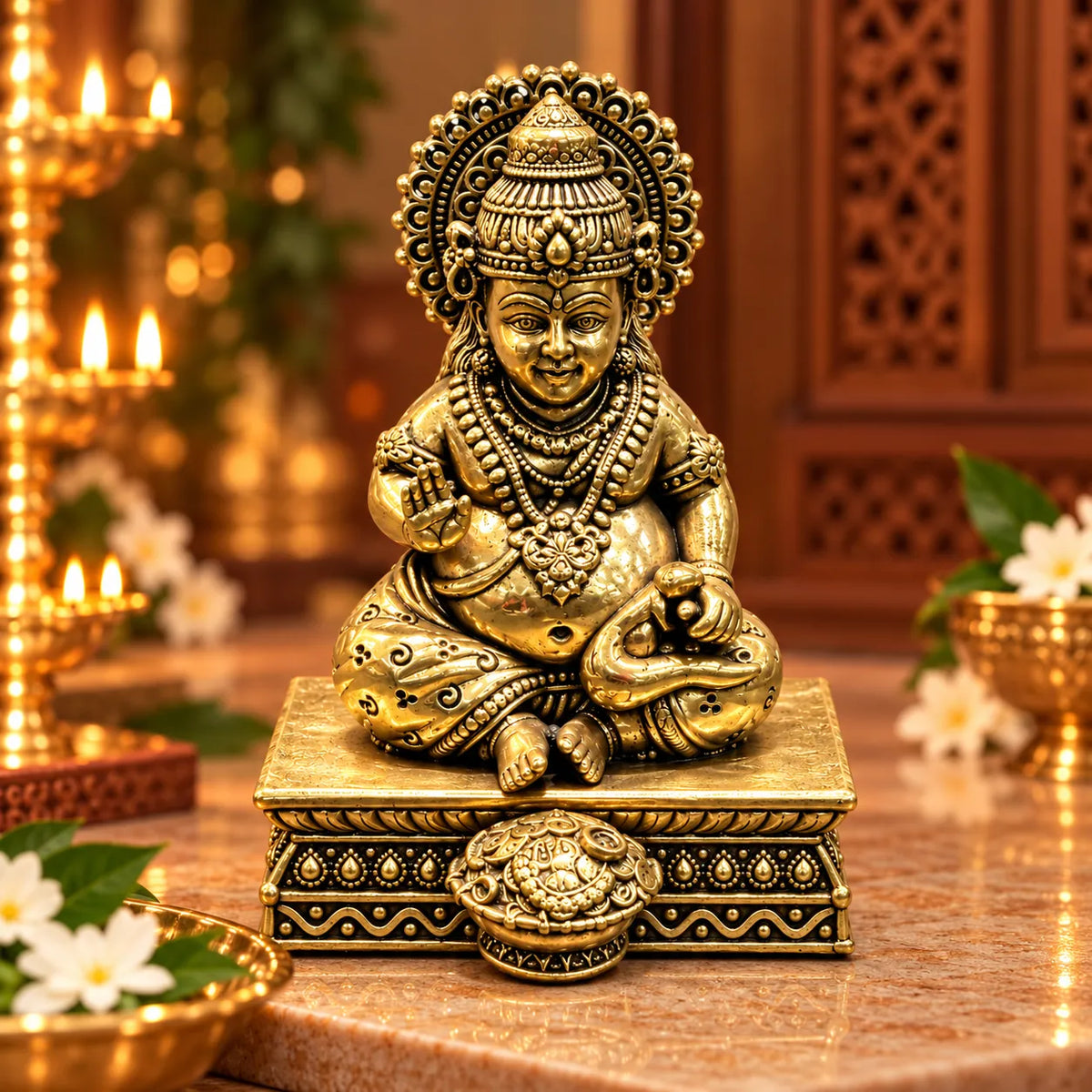 Antique Golden Lord Kubera Idol with Ornate Crown & Decorative Pedestal