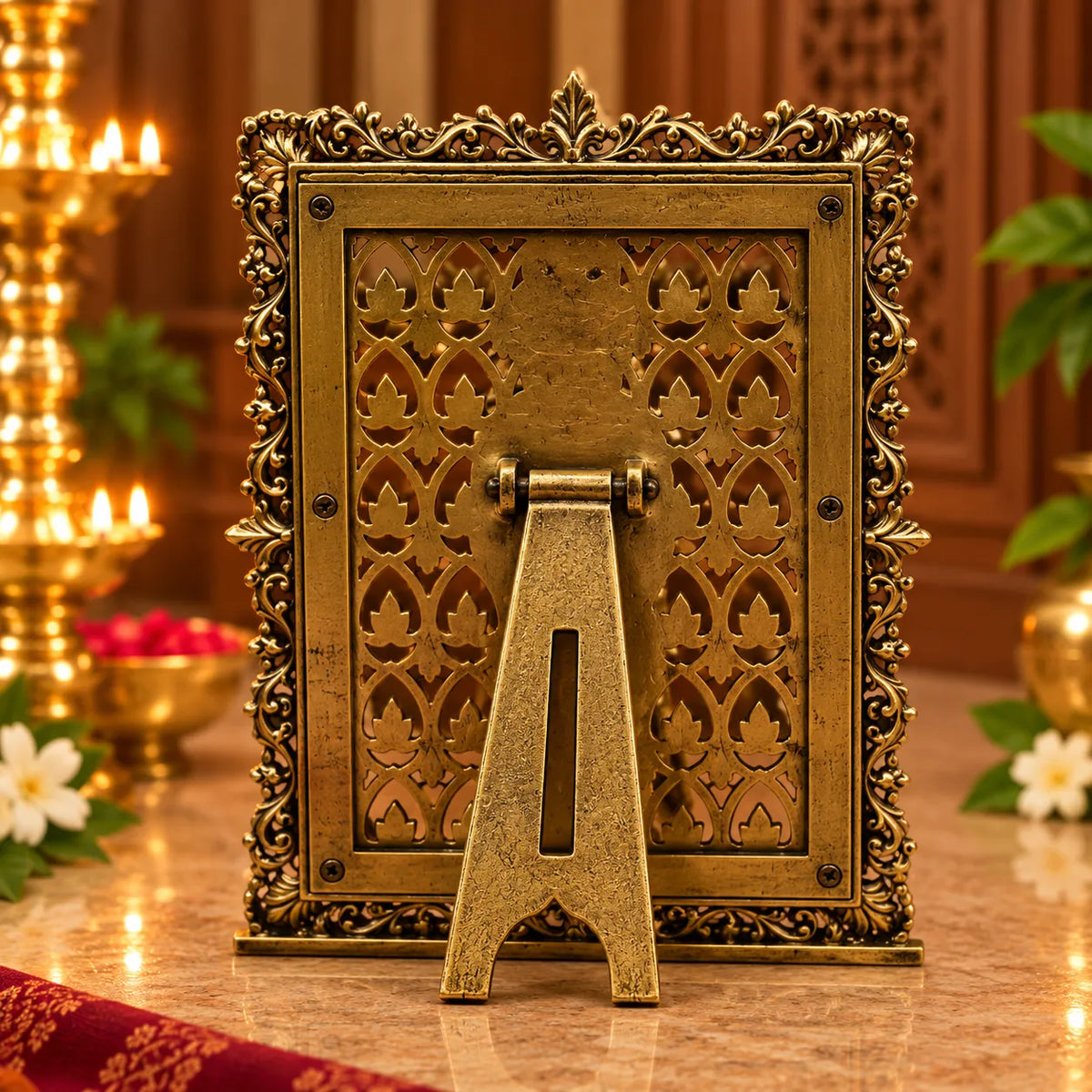 Antique Golden Lord Krishna Idol with Cow in Ornate Decorative Frame