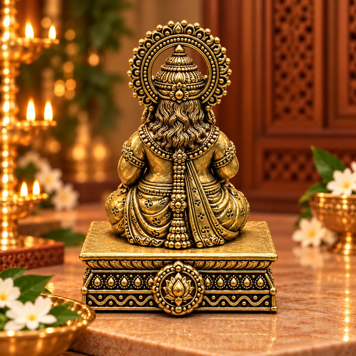 Antique Golden Lord Kubera Idol with Ornate Crown & Decorative Pedestal