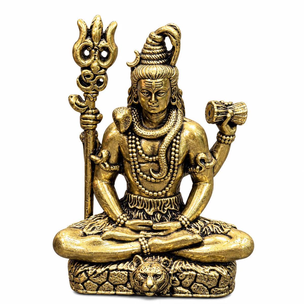 Antique Golden Brass Lord Shiva Idol with Trishul & Damru on Lion-Motif Rock Base