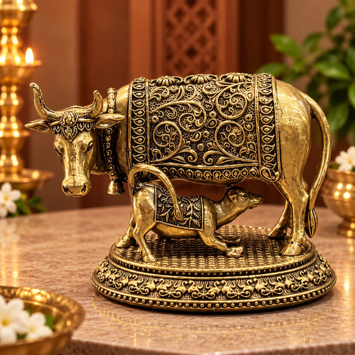 Kamdhenu Cow and Calf Statue in Antique Gold Finish | Decorative Gau Mata Idol