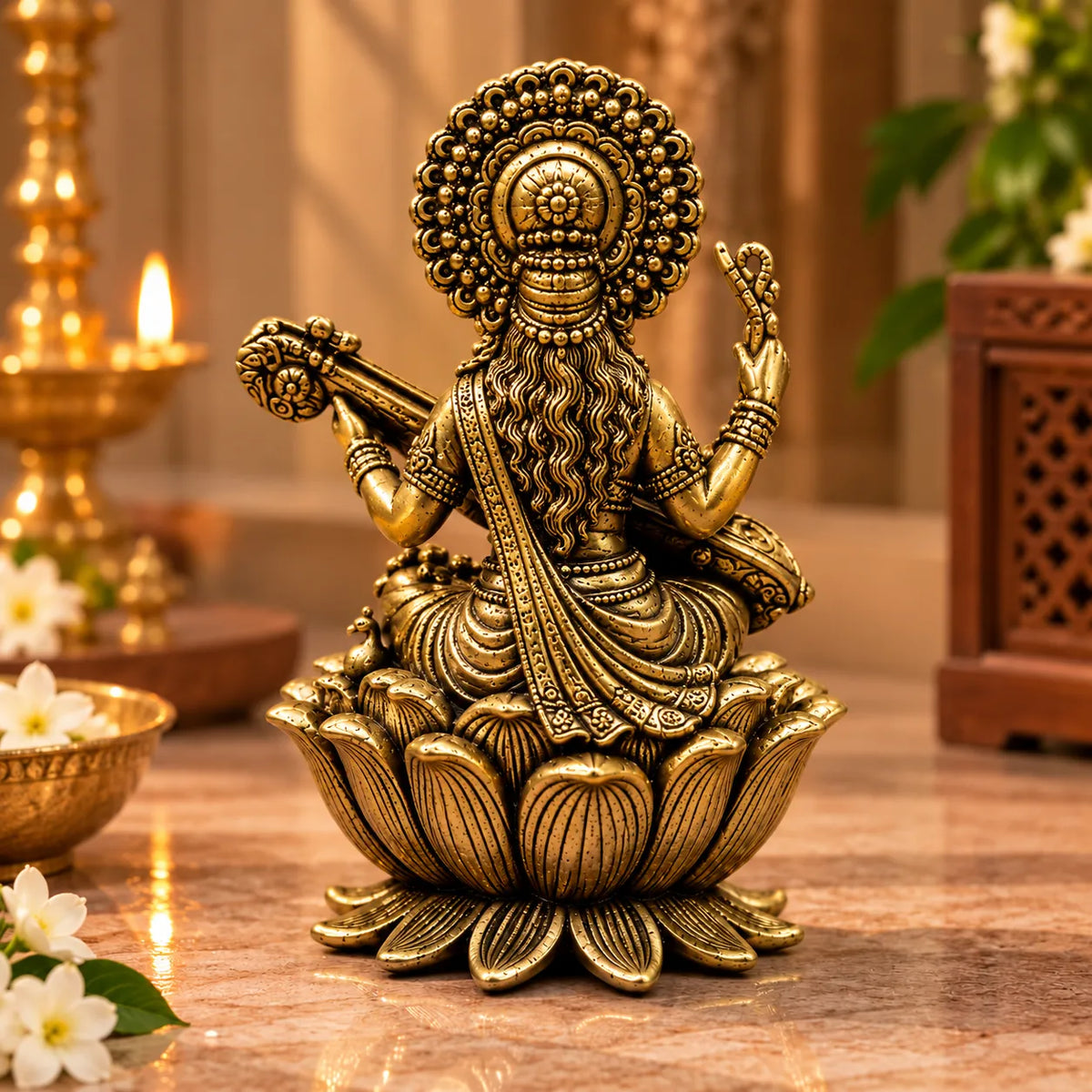 Antique Golden Brass Goddess Saraswati Idol with Veena on Carved Lotus Pedestal