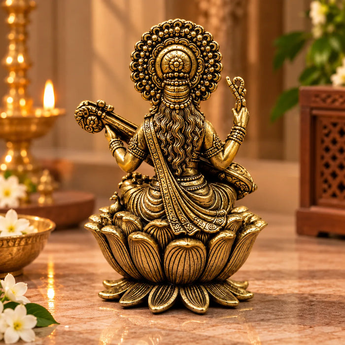 Antique Golden Brass Goddess Saraswati Idol with Veena on Carved Lotus Pedestal