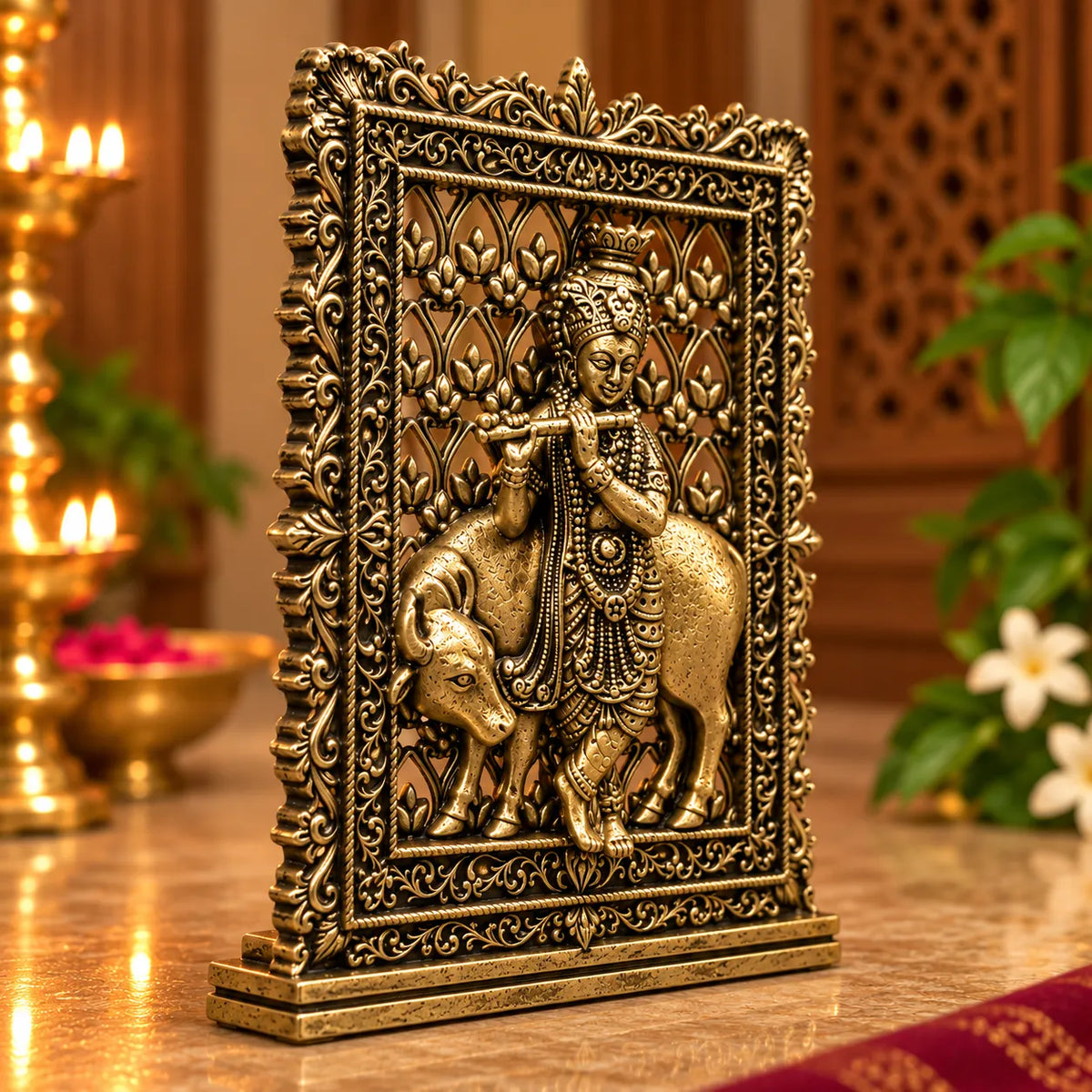 Antique Golden Lord Krishna Idol with Cow in Ornate Decorative Frame