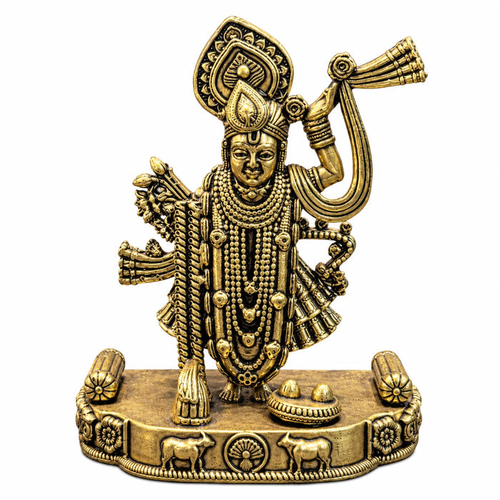 Antique Golden Brass Shrinathji Idol with Ornate Base & Traditional Detailing