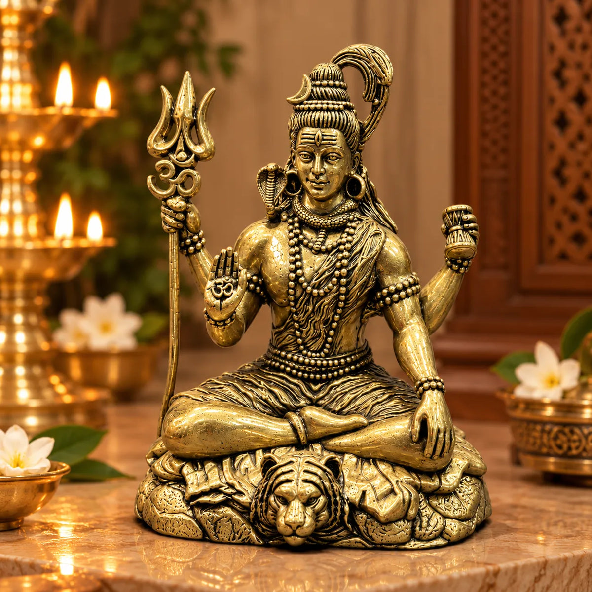 Antique Golden Brass Lord Shiva Idol with Trishul & Damru on Lion-Motif Rock Base