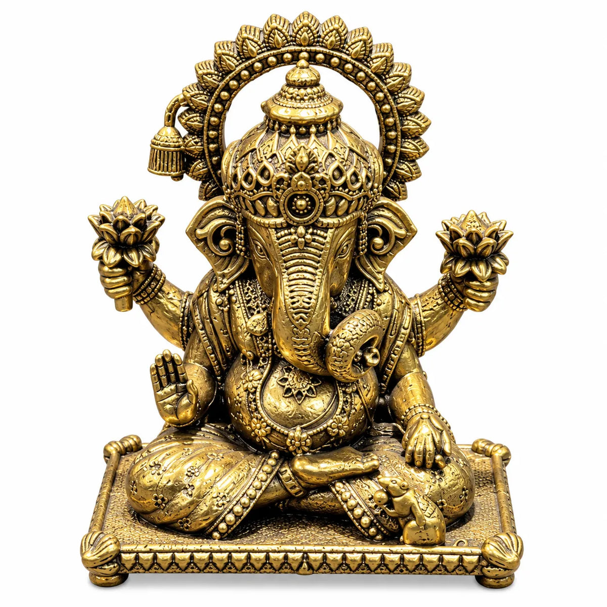 Antique Golden Brass Lord Ganesha Idol with Lotus Flowers & Ornate Square Base