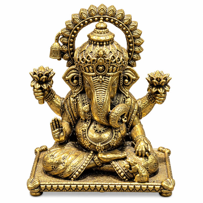 Antique Golden Brass Lord Ganesha Idol with Lotus Flowers & Ornate Square Base