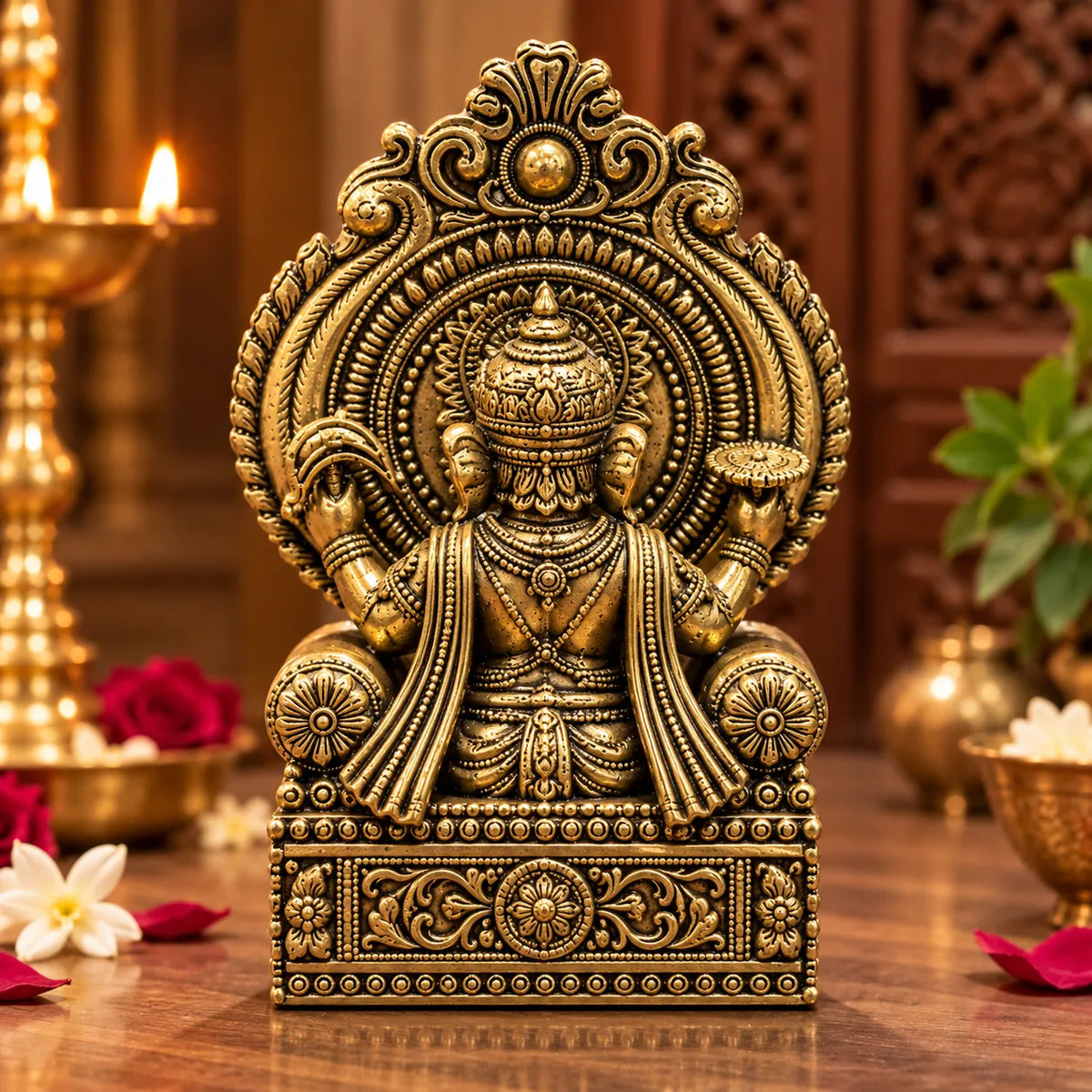 Antique Golden Lord Ganesha Idol Seated on Royal Throne with Ornate Halo