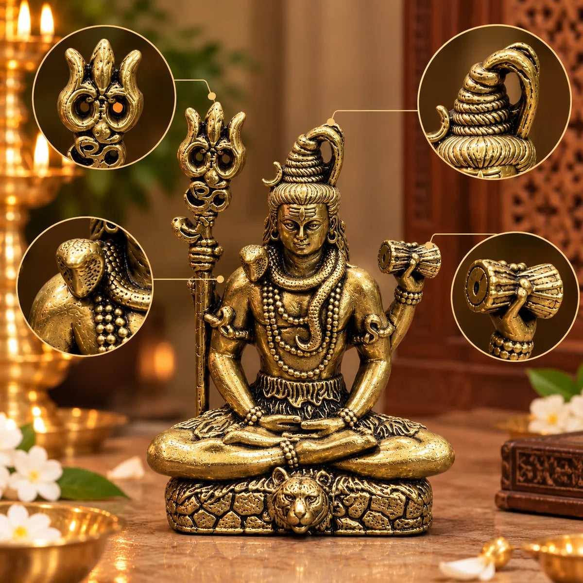 Antique Golden Brass Lord Shiva Idol with Trishul & Damru on Lion-Motif Rock Base