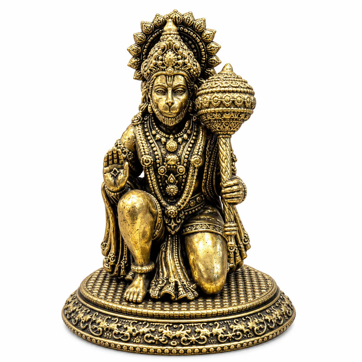 Antique Golden Lord Hanuman Idol with Gada & Ornate Circular Pedestal