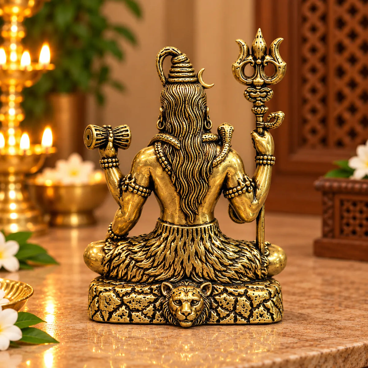 Antique Golden Brass Lord Shiva Idol with Trishul & Damru on Rock Base