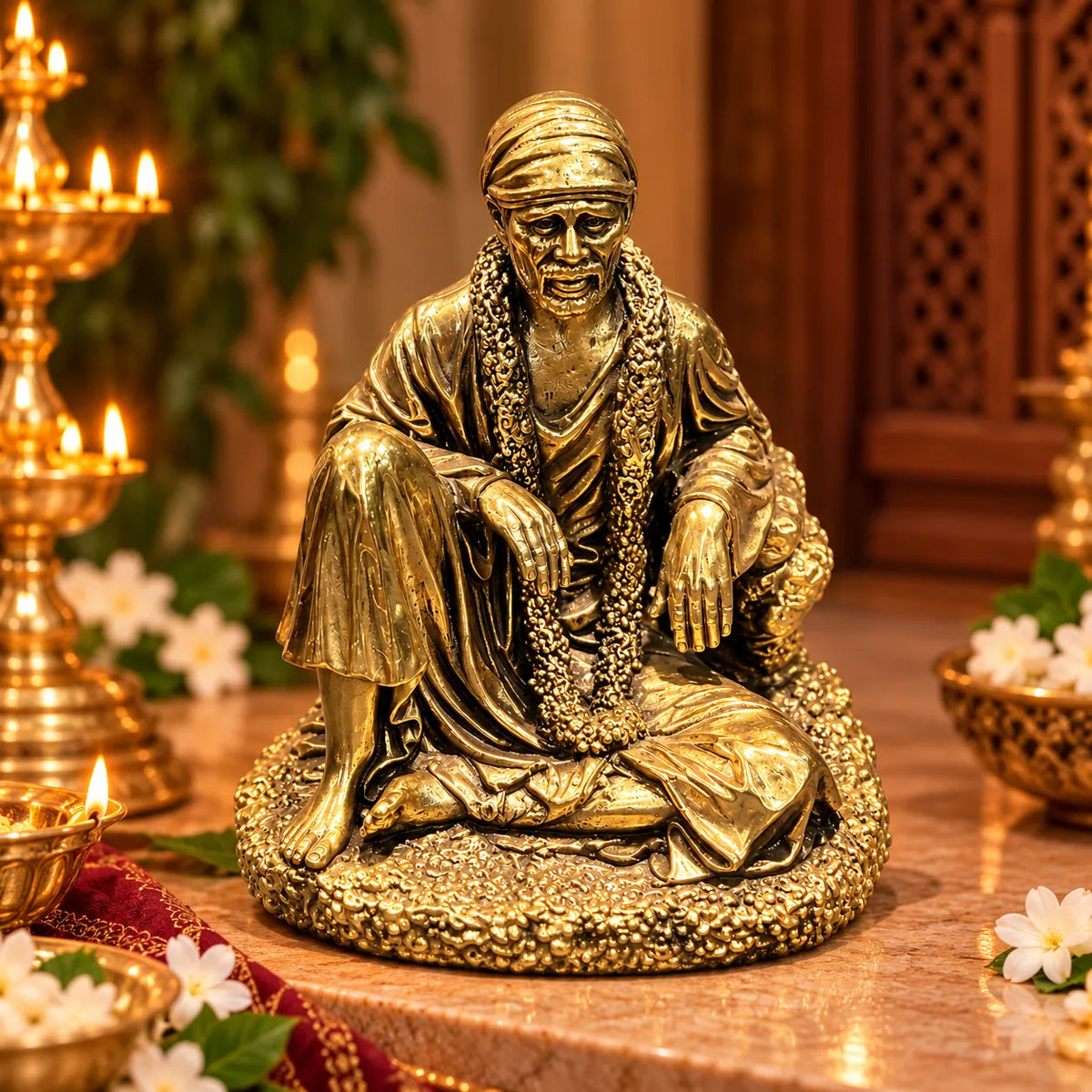 Antique Golden Shirdi Sai Baba Idol in Seated Pose with Ornate Floral Base