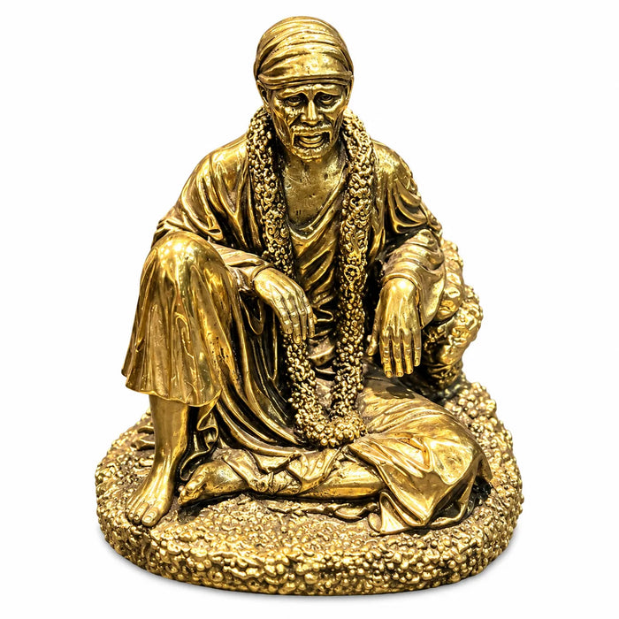 Antique Golden Shirdi Sai Baba Idol in Seated Pose with Ornate Floral Base