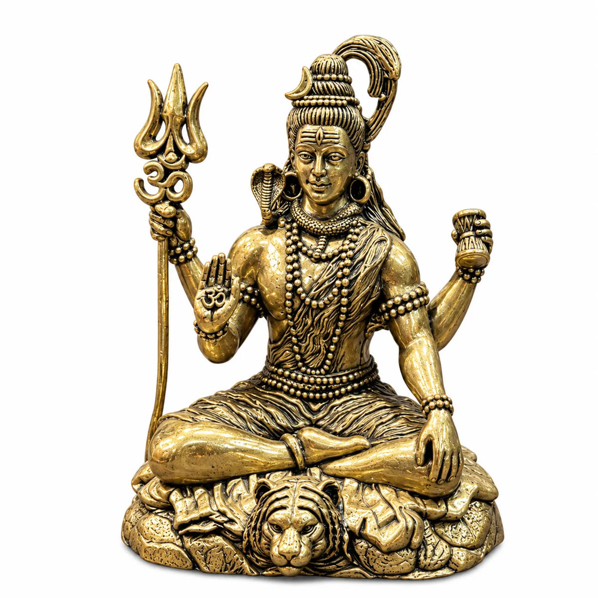 Antique Golden Brass Lord Shiva Idol with Trishul & Damru on Lion-Motif Rock Base
