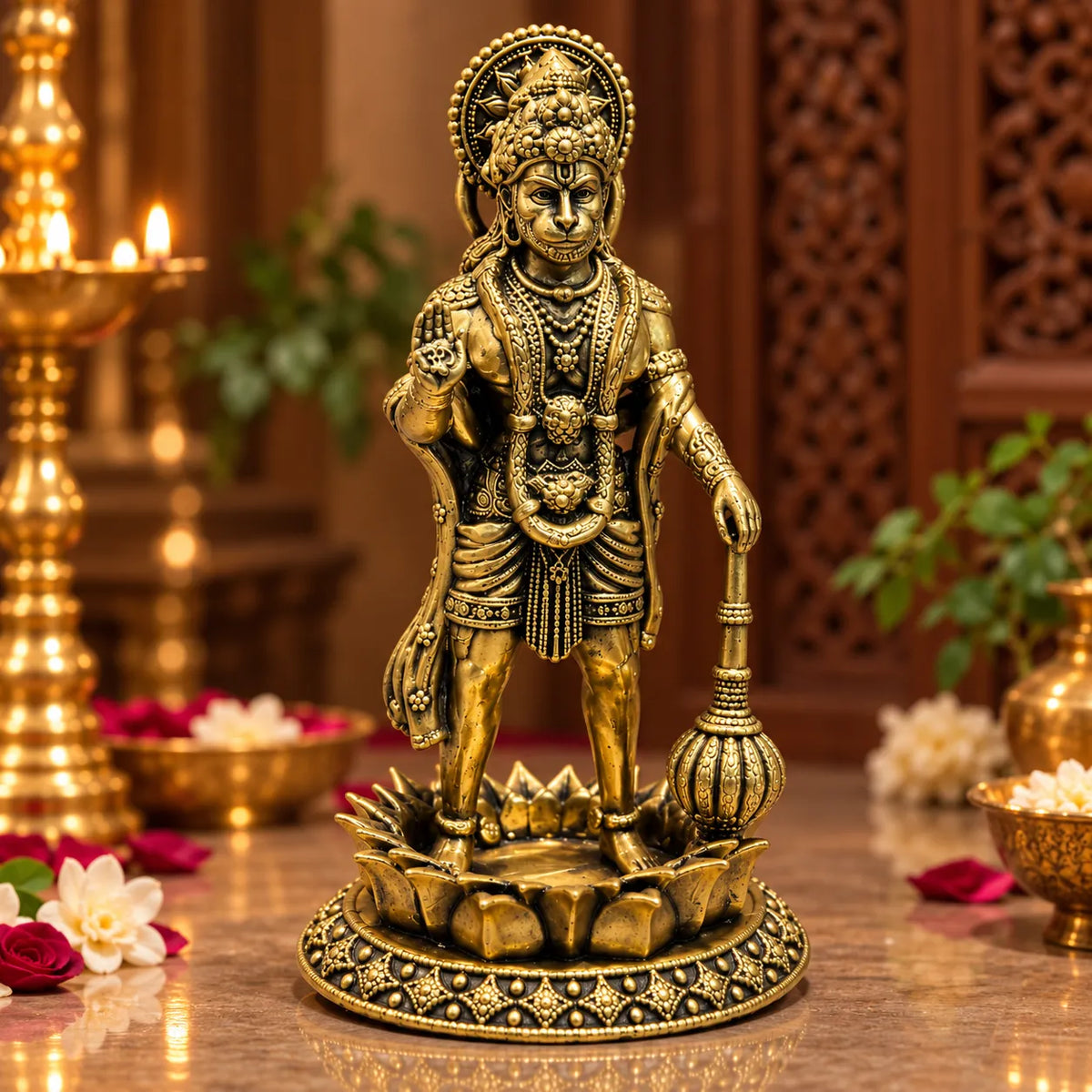 Antique Golden Lord Hanuman Idol with Gada & Decorative Lotus Pedestal