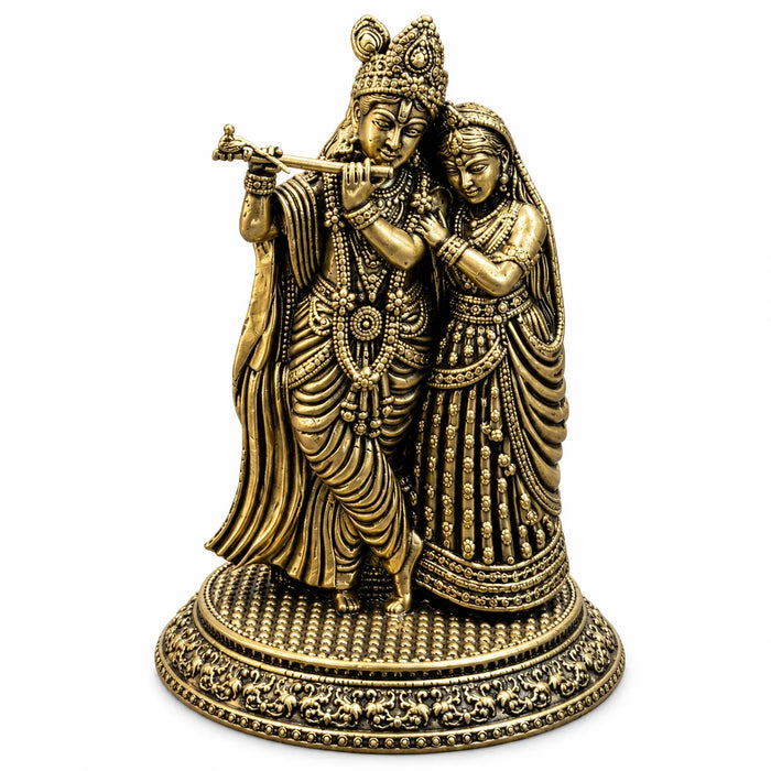 Antique Golden Brass Radha Krishna Idol with Flute on Ornate Round Base