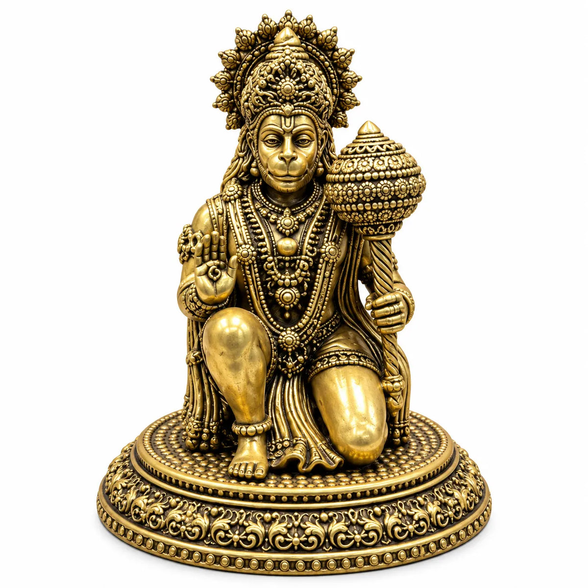 Antique Golden Lord Hanuman Idol with Gada & Ornate Round Pedestal