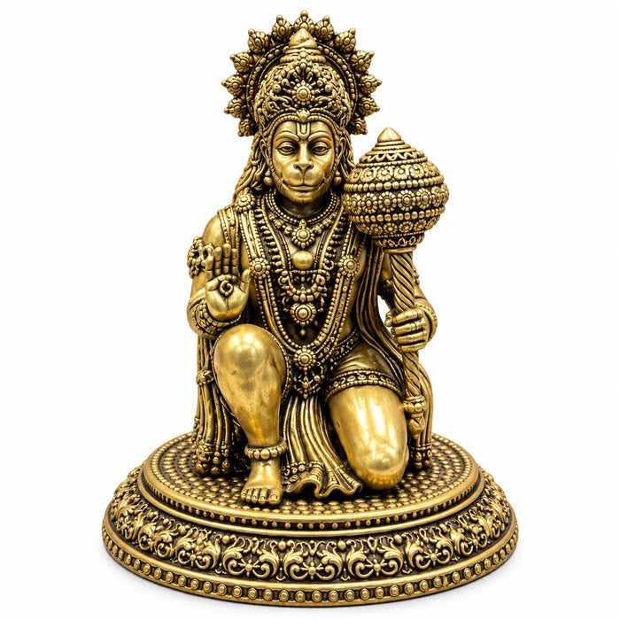 Antique Golden Lord Hanuman Idol with Gada & Ornate Round Pedestal