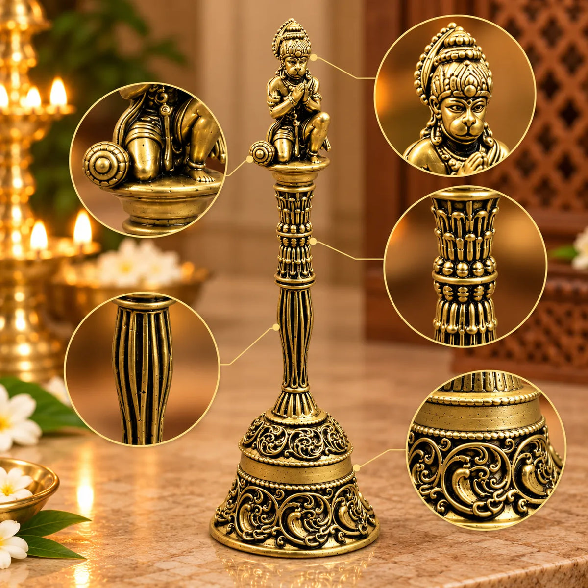 Antique Golden Brass Hanuman Temple Bell with Ornate Carved Handle