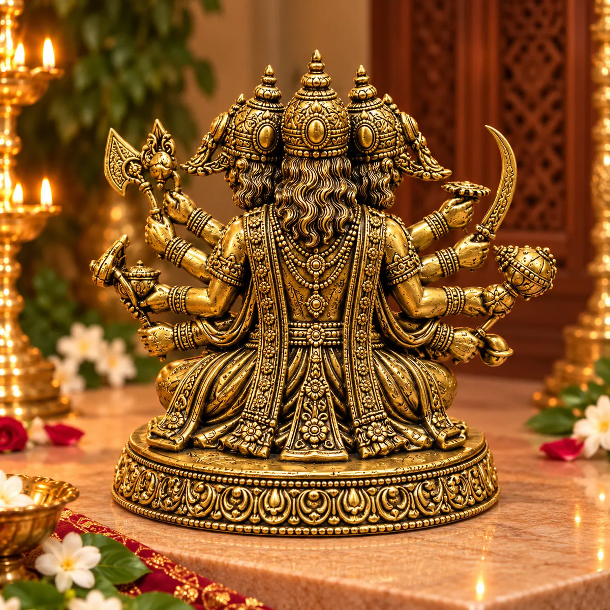 Antique Golden Multi-Armed Three-Faced Deity Idol with Ornate Round Pedestal