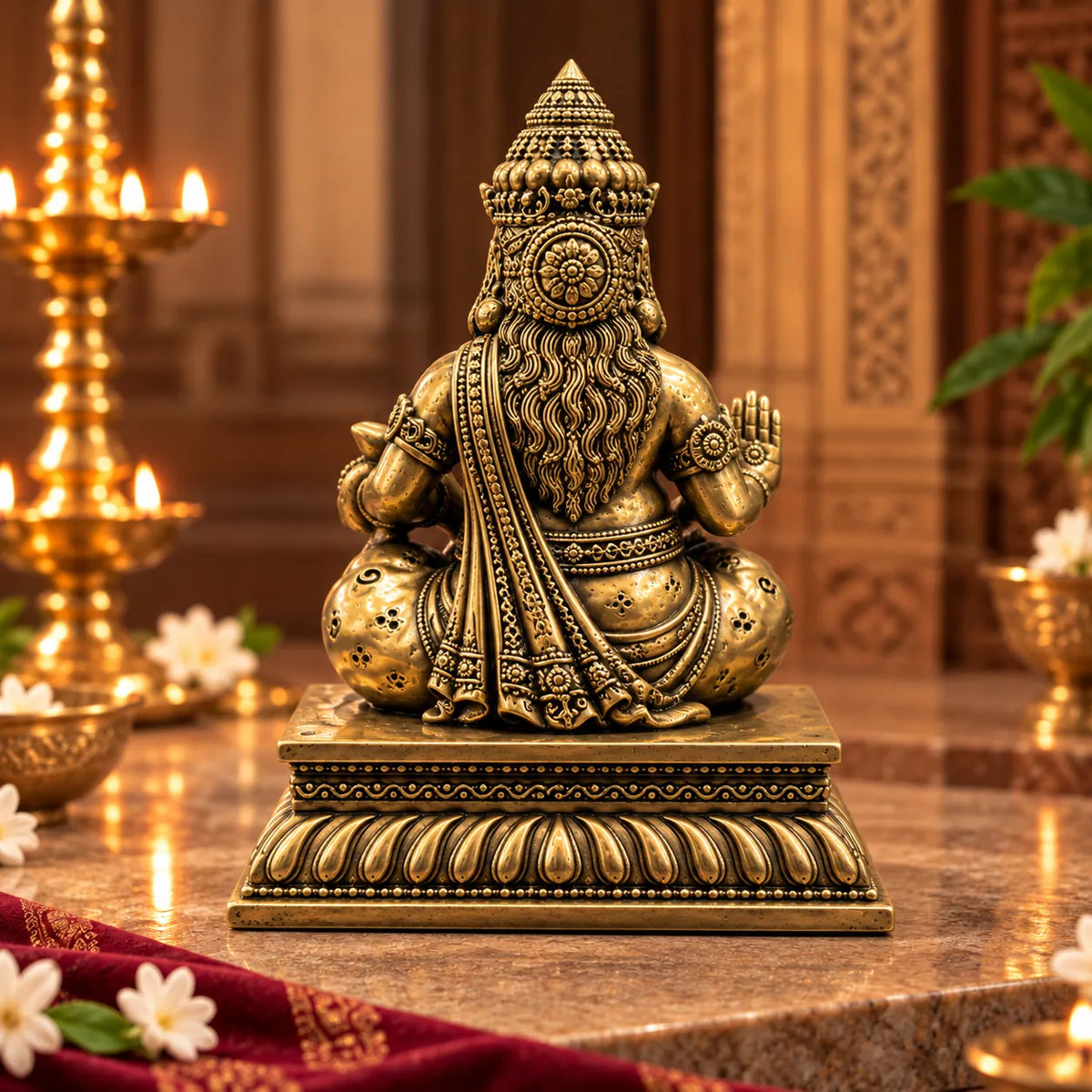 Antique Golden Kubera Idol with Decorative Pedestal – Traditional Wealth God Idol