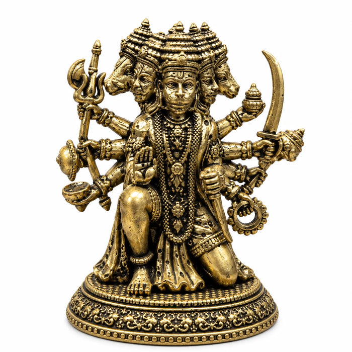 Antique Golden Panchmukhi Hanuman Idol with Multiple Arms & Ornate Round Base